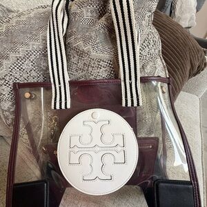 Tory Burch Clear Tote with White Logo and Burgundy Trim